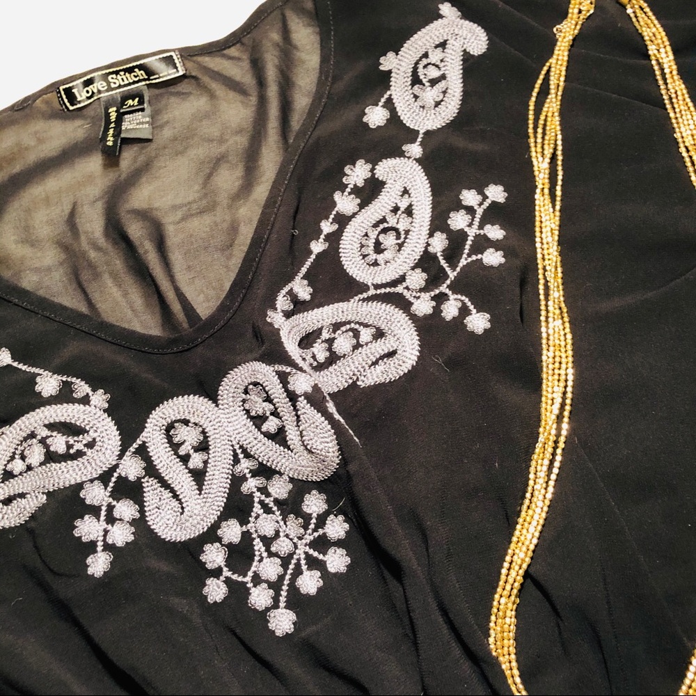 Black & Grey Embroidered Flutter Sleeve Top Size M